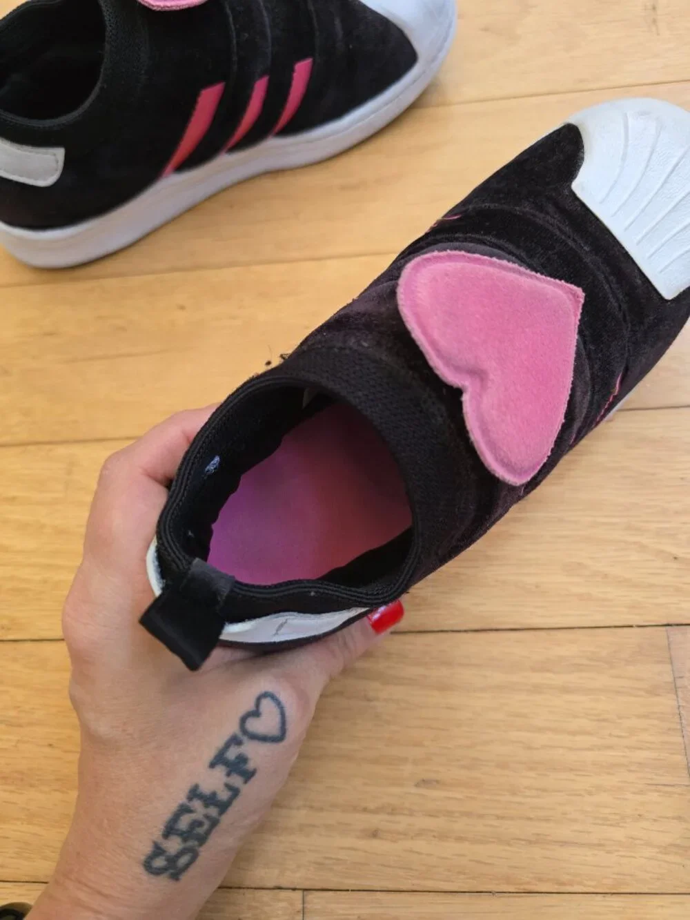adidas | Superstar 360 Black Shock Pink Suede Heart Sneakers | KIDS 1